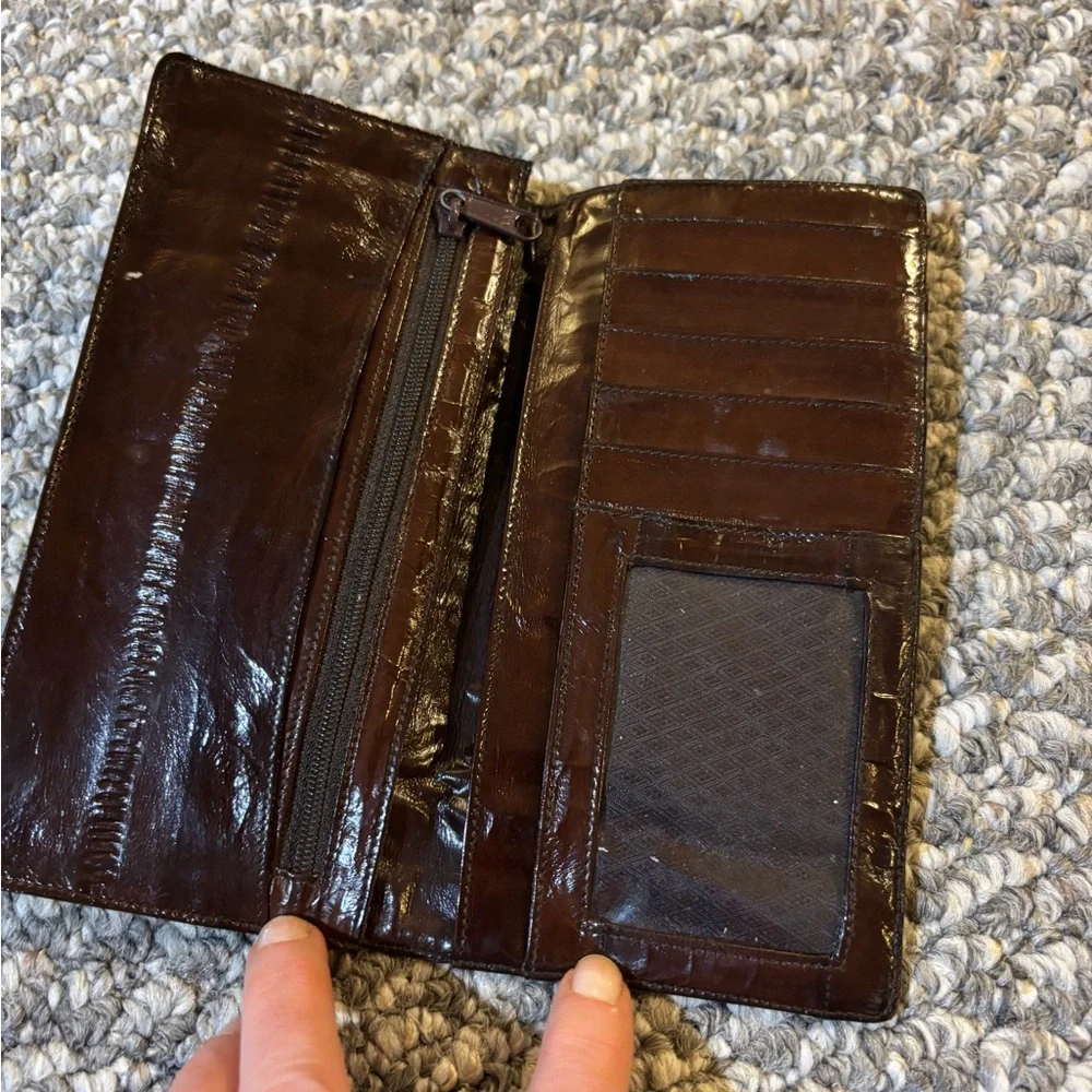 Eel skin Men's Chocolate Brown Leather Long Wallet